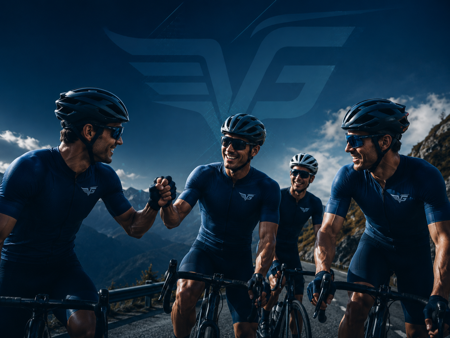 Grupo de ciclistas celebrando conquista após treino ou prova